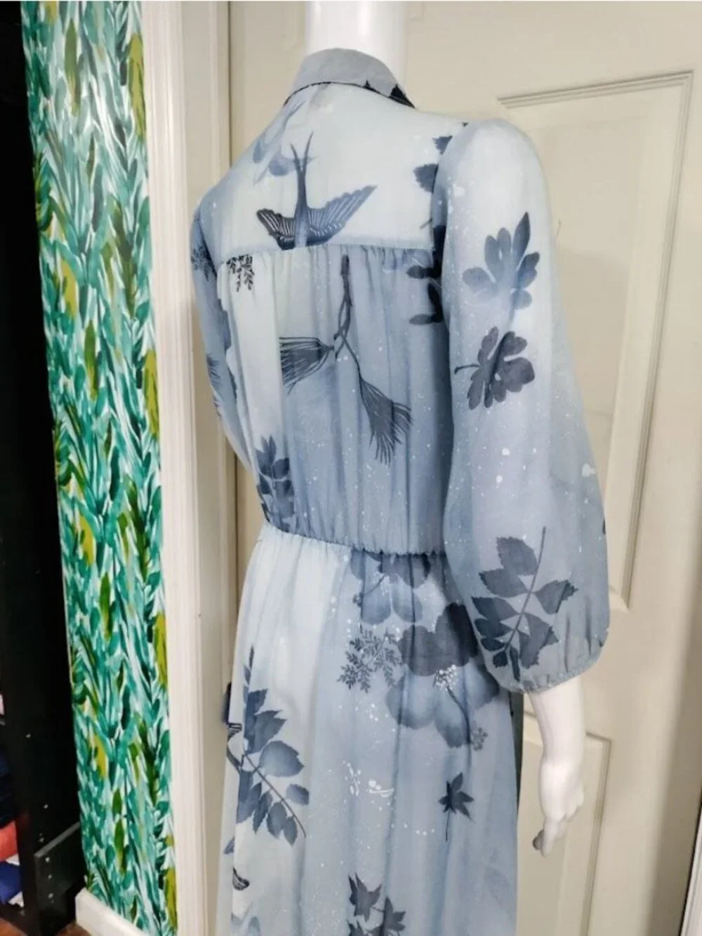 VTG 60's Petites By Penny Young Floral Bird Print Midi Dress Blue Womens Size 10 - Picture 7 of 15